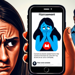 **Image of Warning Signs of Harassment**: Create an illustration showing various subtle signs of harassment, such as a person receiving excessive messages on their phone, someone closely monitoring social media activity, and a visual representation of emotional manipulation (e.g., a person looking anxious while another looms over them).