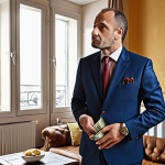 **A sleazy-looking individual in a cheap suit flashing a wad of Euros and a luxury watch, promising "guaranteed" returns on a complicated investment scheme to a skeptical, middle-aged woman in her living room. Emphasize the contrast between the high-pressure sales tactic and the woman's apprehension. French apartment interior background.**