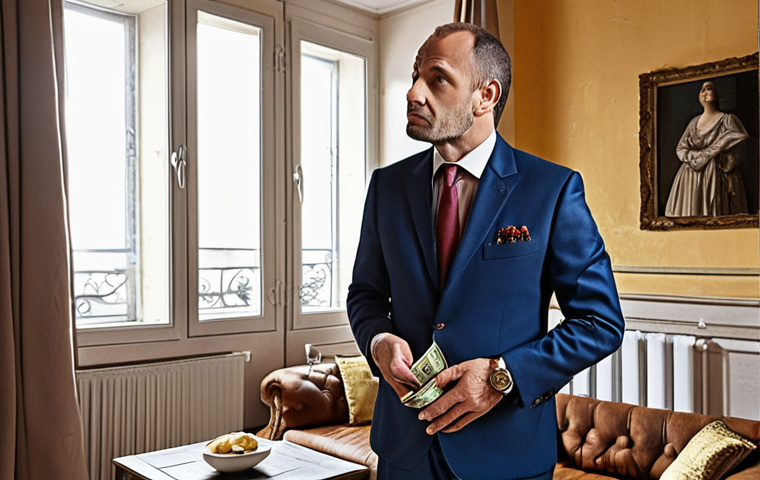 **A sleazy-looking individual in a cheap suit flashing a wad of Euros and a luxury watch, promising "guaranteed" returns on a complicated investment scheme to a skeptical, middle-aged woman in her living room. Emphasize the contrast between the high-pressure sales tactic and the woman's apprehension. French apartment interior background.**