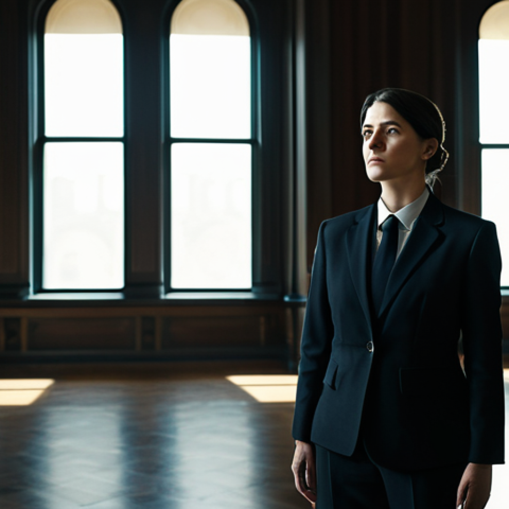 A thoughtful, gender-neutral figure in a refined and modest dark business suit, standing in a grand, empty legal chamber. Soft, diffused light filters through tall windows, casting long shadows and evoking a sense of solemn contemplation and the gravity of judicial reflection. The scene is captured with professional photography, clean focus, and a shallow depth of field, highlighting the figure's pensive posture. perfect anatomy, correct proportions, natural pose, well-formed hands, proper finger count, natural body proportions, fully clothed, modest clothing, appropriate attire, professional dress, safe for work, appropriate content, professional, family-friendly, high quality, photorealistic.