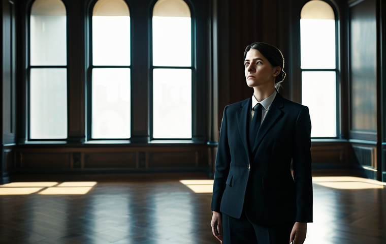 A thoughtful, gender-neutral figure in a refined and modest dark business suit, standing in a grand, empty legal chamber. Soft, diffused light filters through tall windows, casting long shadows and evoking a sense of solemn contemplation and the gravity of judicial reflection. The scene is captured with professional photography, clean focus, and a shallow depth of field, highlighting the figure's pensive posture. perfect anatomy, correct proportions, natural pose, well-formed hands, proper finger count, natural body proportions, fully clothed, modest clothing, appropriate attire, professional dress, safe for work, appropriate content, professional, family-friendly, high quality, photorealistic.