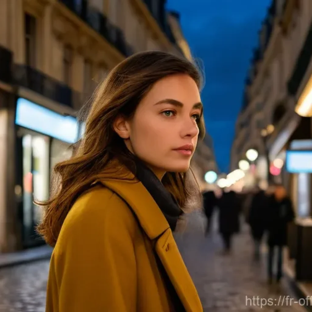 강력범죄 유형별 통계 - A young French woman in her early 20s, dressed in a stylish yet practical autumn coat and jeans, wal...