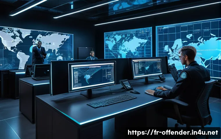 인터폴 수배자 리스트 분석 - A detailed digital art scene depicting an international law enforcement team coordinating a high-tec...