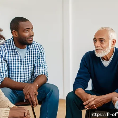 출소 후 범죄자의 사회 적응 문제 - A diverse group of former inmates participating in a supportive group therapy session in a bright co...