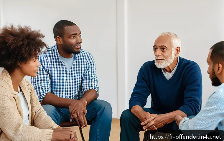 출소 후 범죄자의 사회 적응 문제 - A diverse group of former inmates participating in a supportive group therapy session in a bright co...