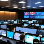 국제 범죄 수사 협력 사례 - A high-tech international law enforcement operations room with diverse officers from France, Germany...