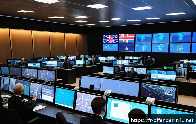 국제 범죄 수사 협력 사례 - A high-tech international law enforcement operations room with diverse officers from France, Germany...