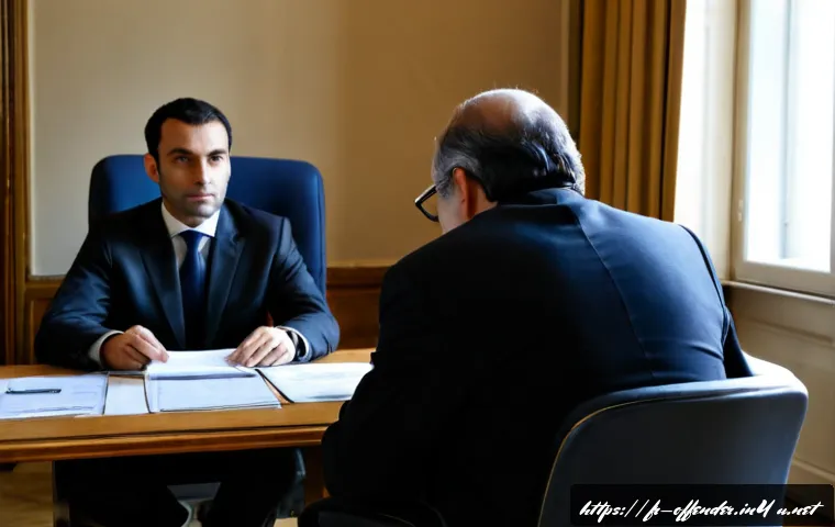 범죄 유형별 가해자 인터뷰 사례 - Photorealistic French judicial interview room, an adult male financial fraud suspect in plain modest...